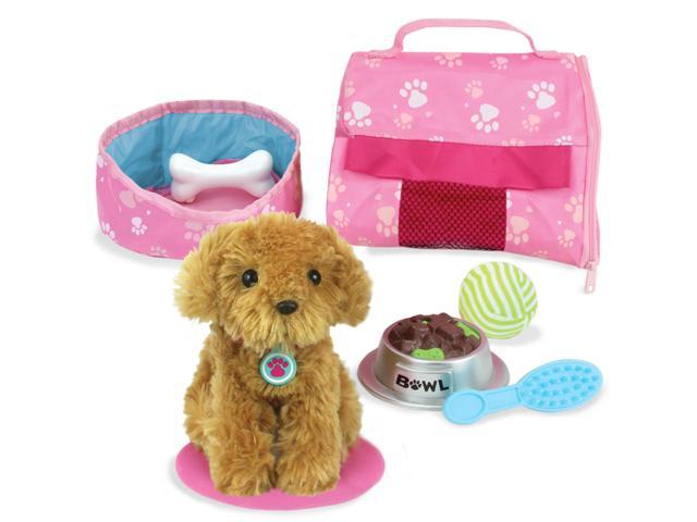 Sophia's Golden Plush Puppy Dog and Accessories Set with Leash, Food Bowl, Brush, Ball, Bone, Bed, Blanket, and Carrier Sized for 18" Dolls, Multicolor