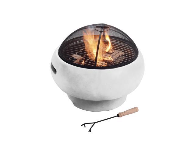 Teamson Home MGO Light Concrete Round Charcoal and Wood Burning Fire Pit for Outdoor Patio Garden Backyard with Spark Screen, Fireplace Poker, Grate, and BBQ Grill, Light Gray