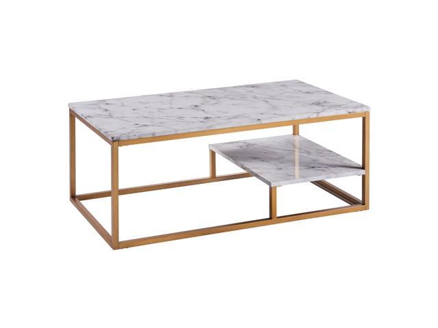 Teamson Home Marmo Faux Marble Modern Rectangle Coffee End Table with Storage Shelf and Easy-Clean Surface for Living and Dining Room Home Office, 16 Inch Height, Brass