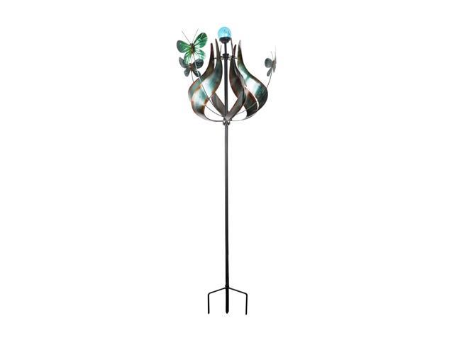 Teamson Home Solar Powered Tulip Butterfly Kinetic Metal Windmill Wind Spinner with LED Light for Outdoor Patio Garden Backyard Decking Décor, 73 inch Height, Teal