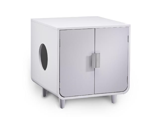 Staart Dyad Cat Litter Box Enclosure and Furniture Hidden Cat Home Side Table Nightstand Indoor Pet Crate Alpine White