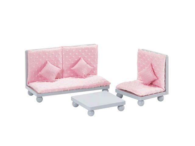Olivia's Little World - 18 inch Doll Furniture Accessories Princess Sofa & Coffee Table Living Room Lounge Set with Pink Cushion Wooden Cushion Grey Polka Dots