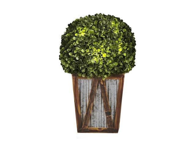 Teamson Home Rounded Artificial Topiary Shrub Pre-Lit with Solar Powered LED Lights in Farmhouse Style Garden Box Planter for Indoor or Outdoor Use