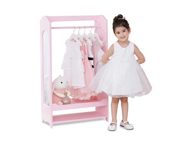 Teamson Kids - Windsor Wooden Dress Up Storage Kids Costume Organizer Center Open Hanging Armoire Closet Unit Furniture with Hooks and Mirror - Pink