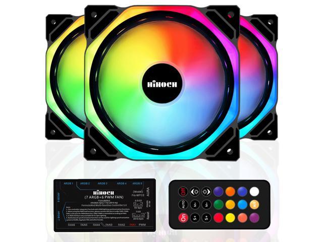 HiHOCH RGB PWM Case Fans with Muti-Functional Controller and Remote,5V 3 Pin ARGB Motherboard SYNC,120mm Hydraulic Bearing Silent Cooling PC Fans 3 Pack Black