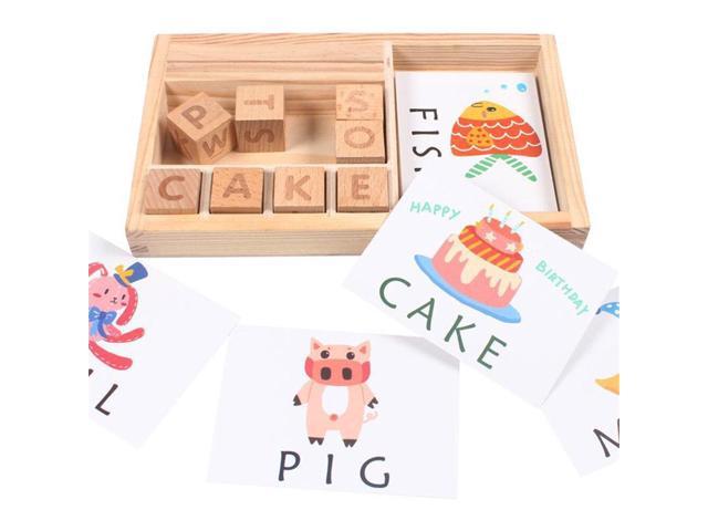 3-in-1 Wooden Building Block Teaching Aids Spell Word Game Wooden English Cardboard Puzzle Enlightenment Learning Letters Building Blocks for Kids 