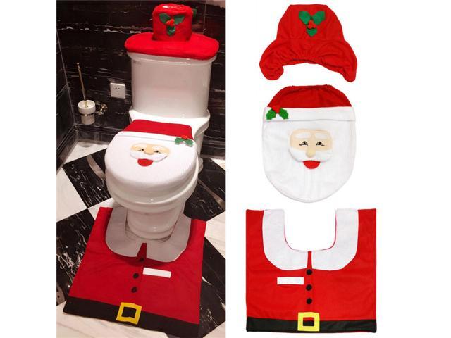 3pcs Christmas Happy Toilet Seat Cover Rug Bathroom Mat Xmas Home Decoration Set