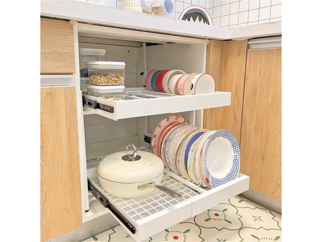 Dual-Track Pull Out Cabinet Organizer Dish Drying Shelf Slide Out Pantry  Drawer 