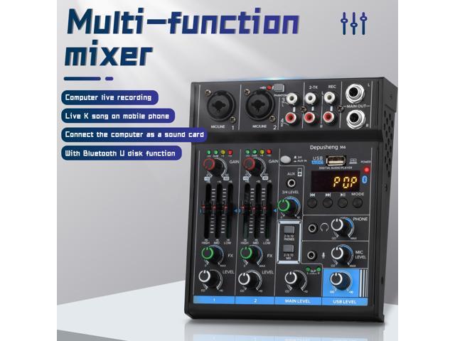 Depusheng M4 Portable Mini Mixer 4-Channel Audio Mixer DJ Console with Sound Card USB 48V Phantom Power for PC Recording Webcast Party Bluetooth Function 