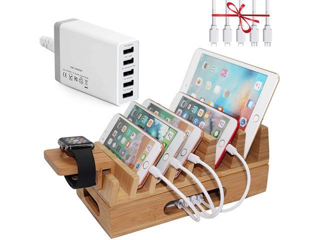 Pezin  Hulin Bamboo Charger Station for Multi Device with 5 Port USB  Charging ,Desk Docking Stand for Smart Phone ,Tablet , iWatch Holder.(Includes  Charger HUB ,5 Cables, Watch Stand.) - Newegg.com