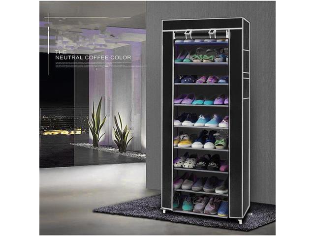 Room-saving 10-Layers 9 Lattices Non-woven Fabric Shoe Rack Black