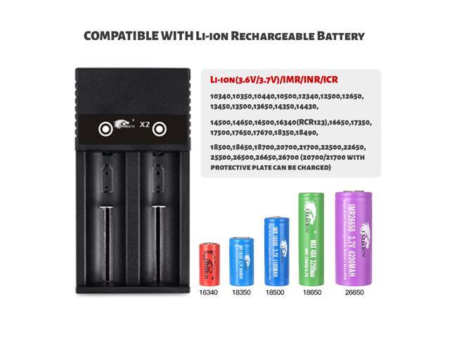 for Li-ion/Ni-MH/Ni-Cd 18650 18500 18350 16340 14500 26650 USB Dual Battery Charger Universal Intelligent Battery Charger 4.2v 2 Slots rechargeable flashlight Battery smart charger compatible