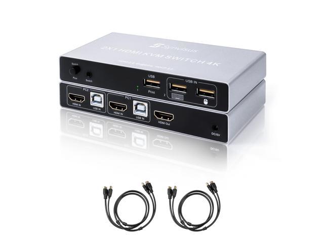 Synvisus HDMI KVM Switch 2 Port 4Kx2K@60Hz 4:4:4 HDR Ultra HD, HDMI 2.0, HDCP 2.2, 18Gbps | KVM Switcher 2 in 1 Out Supports Hotkey Switch, Auto Scan Emulation with USB Hub&2 KVM Cables 1.5m(5ft)