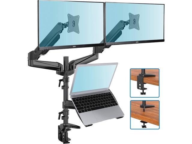 Monitor and Laptop Mount, Gas Spring Dual Monitor Stand with Laptop Tray Fit Two 13 to 27 Inch Flat Curved Computer Screens and 10 to 17 Inch Notebooks with C Clamp, Grommet Mounting Base