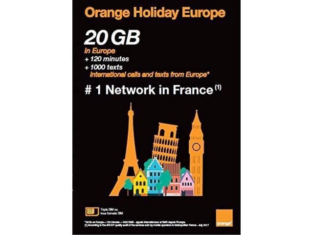 Orange Holiday Europe Prepaid SIM Card 20GB(30GB till Oct 5th 2022) Internet Data in 4G/LTE or 5G Data Tethering Allowed +120 MM =1000 Texts in 30 Countries in Europe (20GB+Pin+Holder)