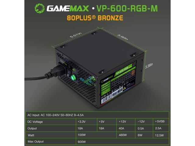 GAMEMAX VP-600-RGB 80+ Bronze Certified Power Supply 600W 3 Color RGB LED  ATX12V