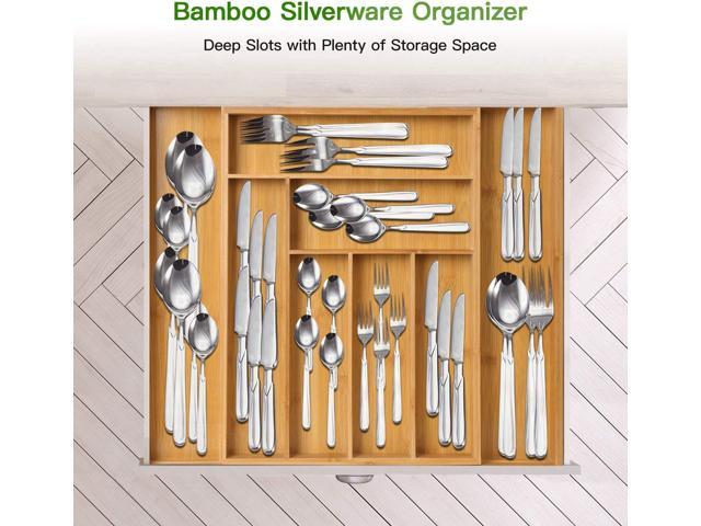 Knives Flatware Bamboo Drawer Organizer 5 Slots Expandable Kitchen Organizer/Utensil Holder and Adjustable Cutlery Tray for Silverware 