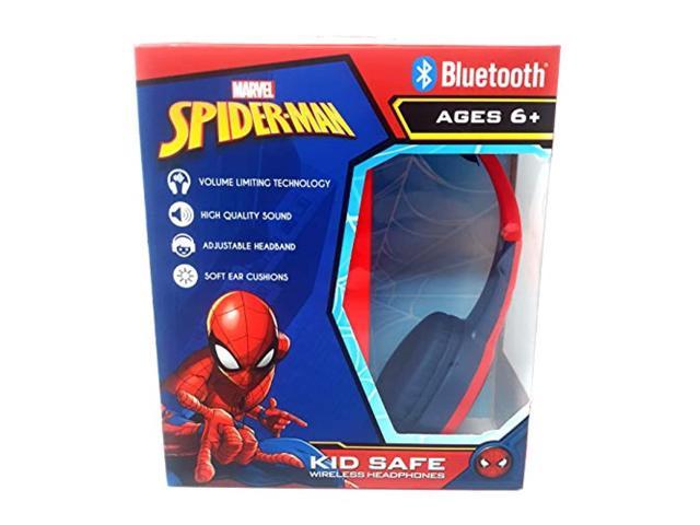 spider man bluetooth kid safe headphones over the ear padded cushions  flying on a web design