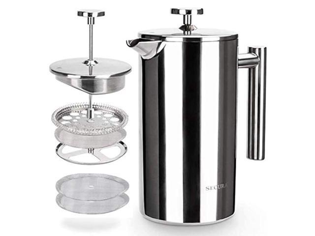 secura french press coffee maker, 304 grade stainless steel insulated coffee press with 2 extra screens, 34oz (1 litre), silver