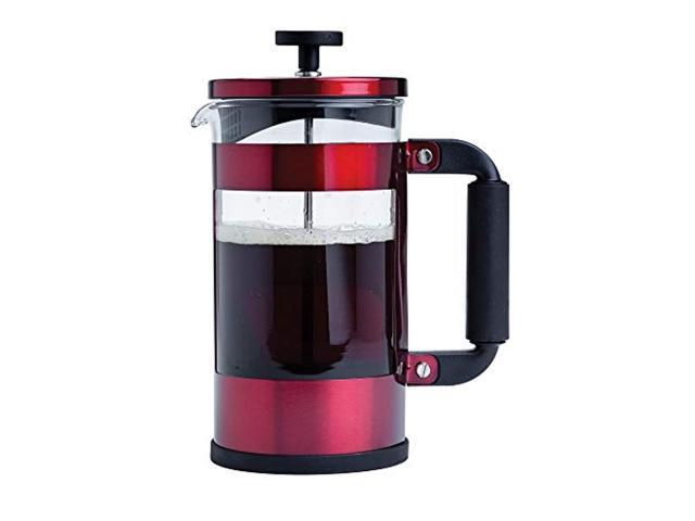 primula melrose french tea maker, stainless steel coffee press, premium filtration with no grounds, heat resistant borosilicate glass, 8 cup, red