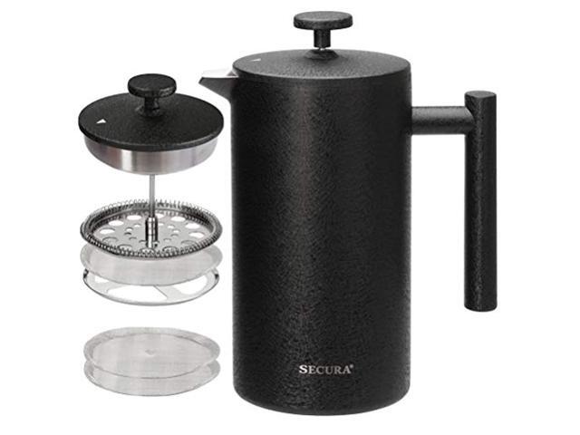 secura french press coffee maker, 304 grade stainless steel insulated coffee press with 2 extra screens, 34oz (1 litre), black