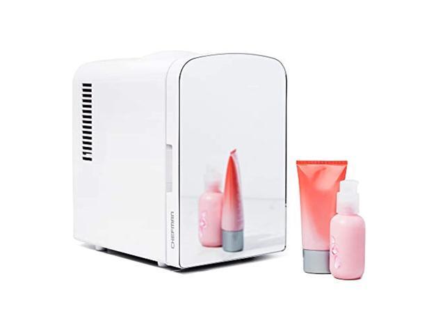 Photo 1 of chefman portable mirrored personal fridge 4 liter mini refrigerator skin care, makeup storage, beauty, serums and face masks, small for desktop or travel, cool & heat, cosmetic application, white-4 l