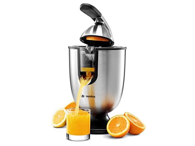 eurolux electric citrus juicer squeezer, for orange, lemon, grapefruit, stainless steel 160 watts of power soft grip handle and cone lid for easy use (elcj-1700s)
