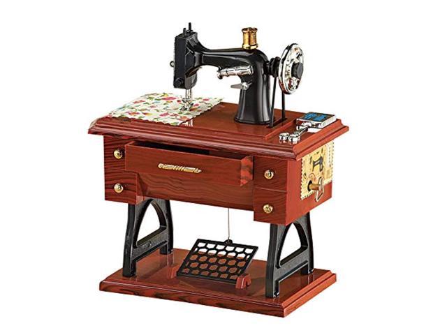 animated antique sewing machine tabletop music box complete with fabric,  scissors, and treadle pedal - plays fur elise 