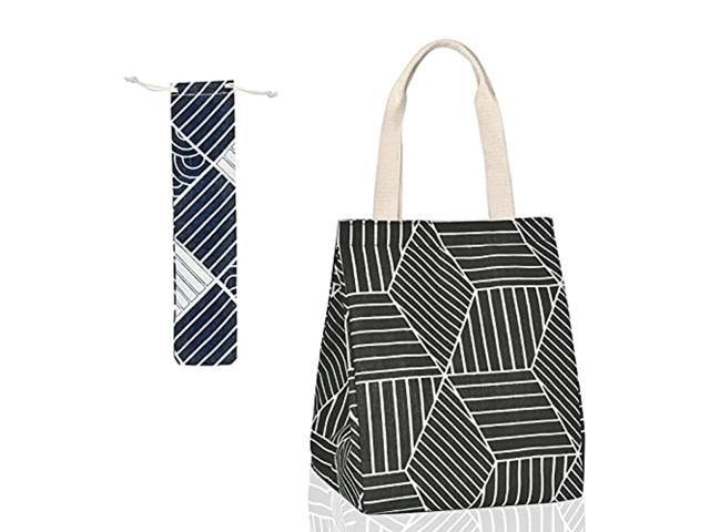 Lunch Insulation Bag Portable Reusable Lunch Bag for Men and Women Picnic Bag Black Lunch Box Bag 2 Stainless Steel Cutlery Sets Mini Waterproof Lunch Tote Bag 