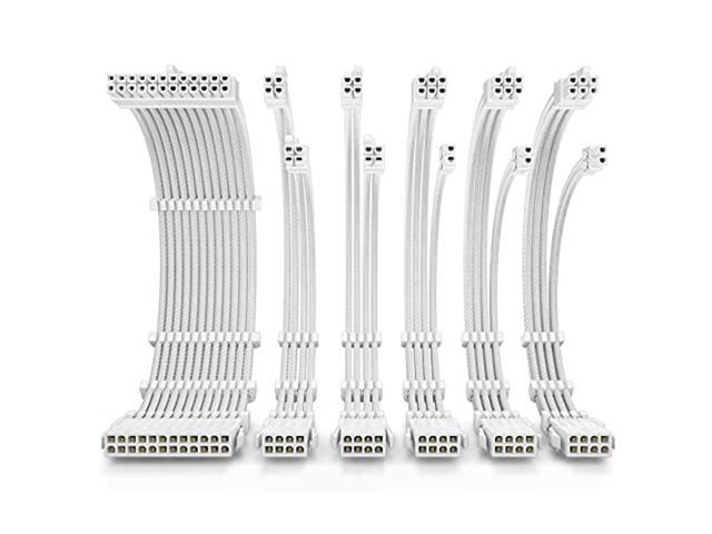 antec power supply sleeved cable, psu extension cable kit / 1x24pin atx / 2x8pin (4+4) eps / 3x8pin (6+2) pci-e, 30cm length with combs, dual eps white (white connector)