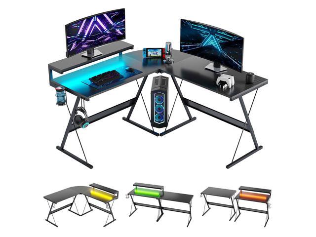 Bestier 55.2" Gaming Desk Racing Style PC Computer Desk L-Shaped Desk Corner Home Office Table with Ergonomic Monitor Stand & RGB Strip Light & Multifunctional Hook (Black Carbon Fiber)
