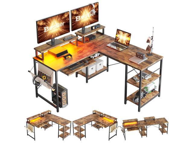 Bestier L Shaped Gaming Desk with Led Light 95.2 Inch Computer Corner Desk or 2 Person Long Table with Shelves Monitor Stand and Keyboard Tray for Home Office, Rustic Brown