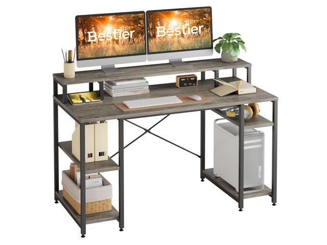 Bestier Gaming Desk with Monitor Shelf, 55 inches Home Office Desk with Open Storage Shelves, Writing Gaming Study Table Workstation for Small Space, Grey