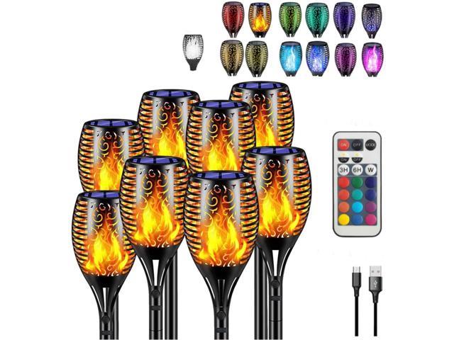B BOCHAMTEC Solar Flame Flickering Torch with Quick USB Charging Port Remote 4pack 13 Color Changing RGB,Waterproof Lights Landscape Auto On/Off for Garden Patio Driveway Christmas Party 
