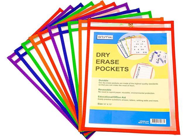 30 Pack Dry Erase Pockets 10 Assorted Colors Reusable Write and Wipe Sleeves Size 10 X 13 inches 