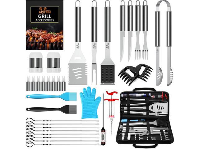 AISITIN 35Pcs BBQ Grill Grilling Accessories Tools Set, Barbecue Tool Sets with Thermometer, Steel Fork, Stainless Steel Tongs and Spatula, Meat Injector, Grill Mat, BBQ Accessories for Grill Outdoor
