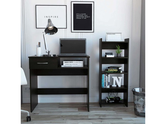FM FURNITURE Plano 2-piece  Home office Set, Desk And Bookshelf, With 1  Drawer, And 1 Shelf - 4 Shelves, Black Wengue Finish, Particle Board, Wood Texture, Easy To Assamble.