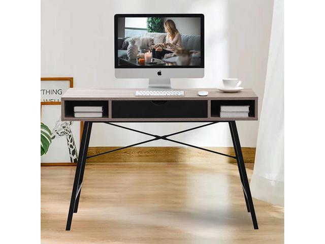 Bonzy Home 43 Inch Computer Desk with Drawer and Shelves, Home Office Writing Table, Modern Wooden Student Table, Desk for Living Room, Bedroom and Small Space, Black Metal Frame (Black & Brown)