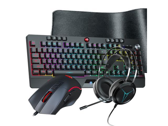 Ludus Dominum All-in-One PC Gaming Set, Rainbow Backlit 104 Keys Keyboard USB Wired 7200DPI Programmable Macro  Mouse 50mm Speaker Driver Stereo Headphone Mousepad Combo (Black)