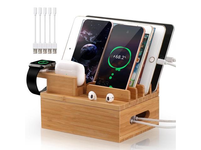 Samsung Bamboo Docking Phone Station Apple watc Shelf Charger and Stand Organizer Tech Gadget Box for Ipad Wood Charging Station for Apple Products and Wireless Devices Tablets iPhone Airpods