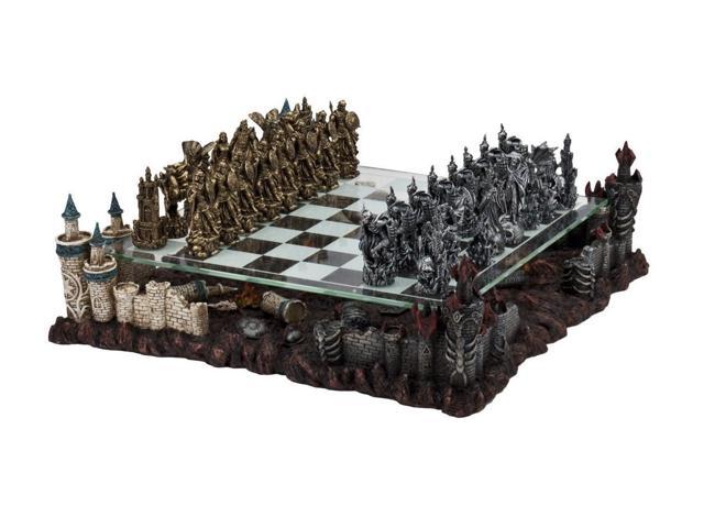 Medieval style chess pieces with a castle