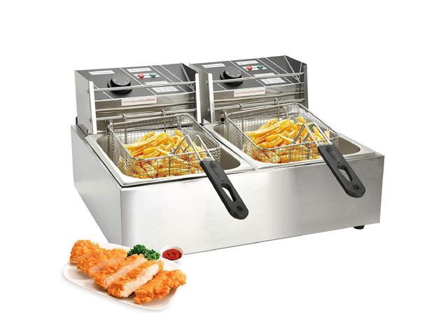 12 Liter Capacity 3600 Watt Electric Deep Fryer Stainless-Steel Countertop Turkey Chips Fryers With Dual Tank & Baskets Easy to Clean for Commercial or Home