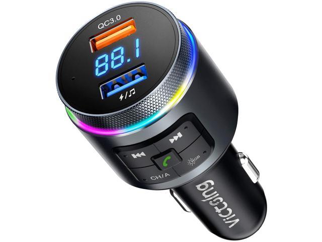 VicTsing Bluetooth FM Transmitter for Car, Auto-tune Car Bluetooth Adapter, QC3.0 & 2 Microphones Radio Adapter Car Kits w RGB, Knob Button for Volume