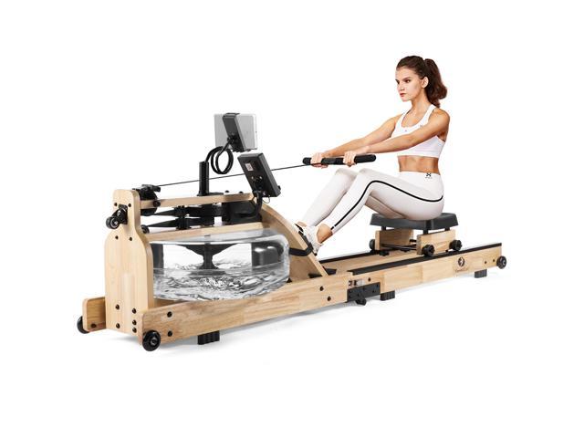 FitnessClub Wood Water Rowing Machine Cardio Training Workout Equipment w/ LCD Bluetooth Monitor, Phone/Pad Holder Exercise Sport