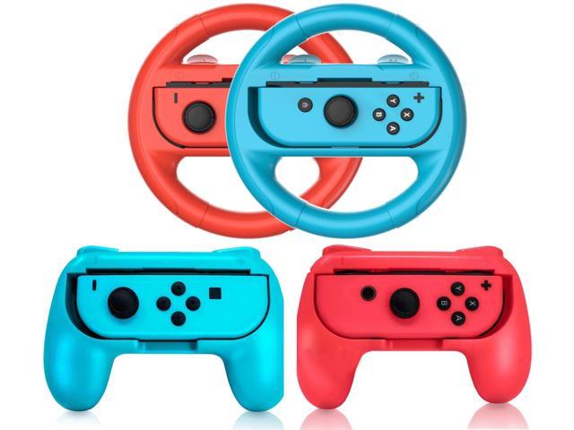 2 PCS Grips for Joy Con and 2 PCS Steering Wheel Compatible for Nintendo Switch Wheel, Family Sports Party Pack Accessories Compatible with Switch / Switch OLED JoyCon Controllers, (Blue and Red)