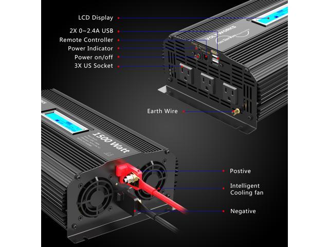 VOLTWORKS 1500W Pure Sine Wave Power Inverter DC 12v to AC 110v-120v with  2x2.4A Dual USB Ports AC Outlets and Remote Control LCD Display for Home  RV Truck[3 Years Warranty]