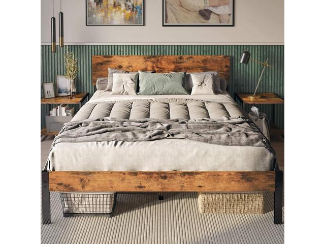 Likimio Queen Bed Frame With Headboard, Metal Slat Platform Queen Bed Frame Box Spring Replacement With Headboard