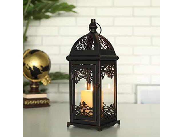 JHY DESIGN Decorative Candle Lantern 15''High Metal Candle Lanterns Vintage Style Hanging Lantern for Indoor Outdoor Events Parities Weddings(Black with Red Brush)