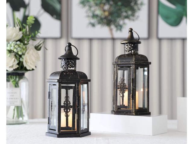 JHY DESIGN Decorative Lanterns-10inch High Vintage Style Hanging Lantern,  Metal Candleholder for Indoor Outdoor, Events, Parities and Weddings(Black  with Gold Brush) 