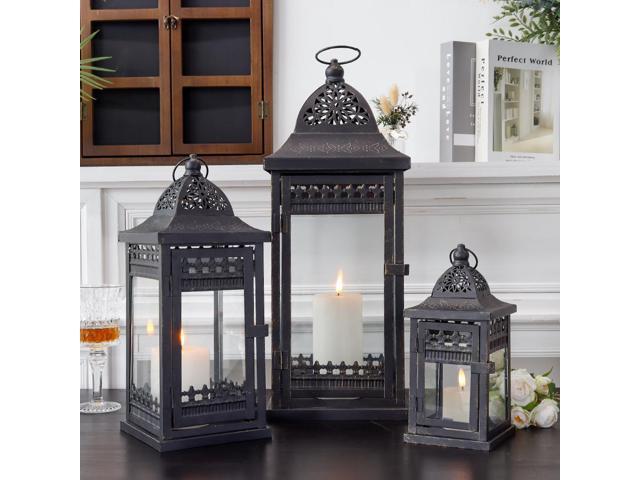 JHY DESIGN Decorative Lanterns-10inch High Vintage Style Hanging Lantern,  Metal Candleholder for Indoor Outdoor, Events, Parities and Weddings(Black  with Gold Brush) 